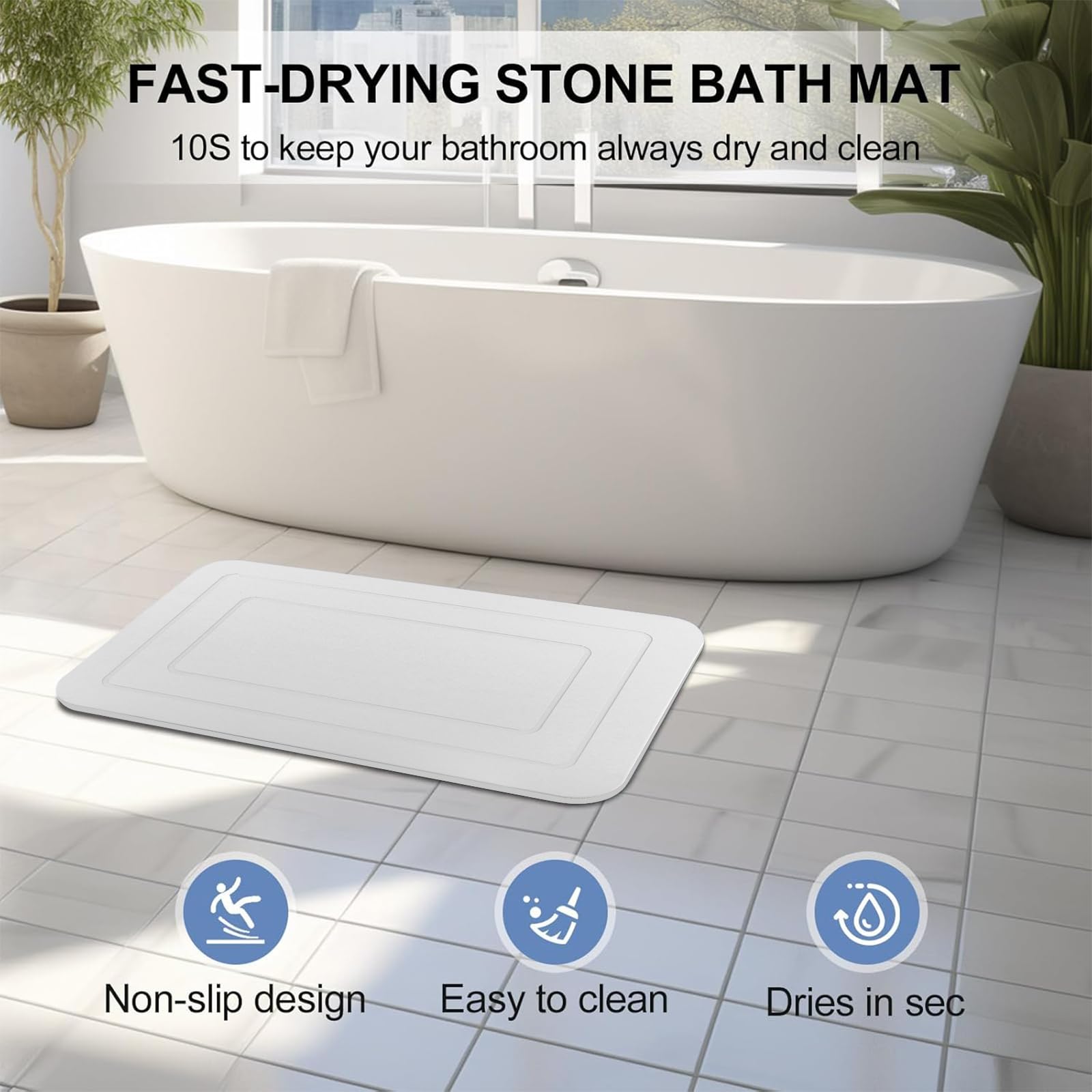 HUMIGA 2 Pack Stone Bath Mat, Diatomaceous Earth Shower Mat, Non-Slip Super Absorbent Quick Drying Bathroom Kitchen Floor Mat (White, 24x15)