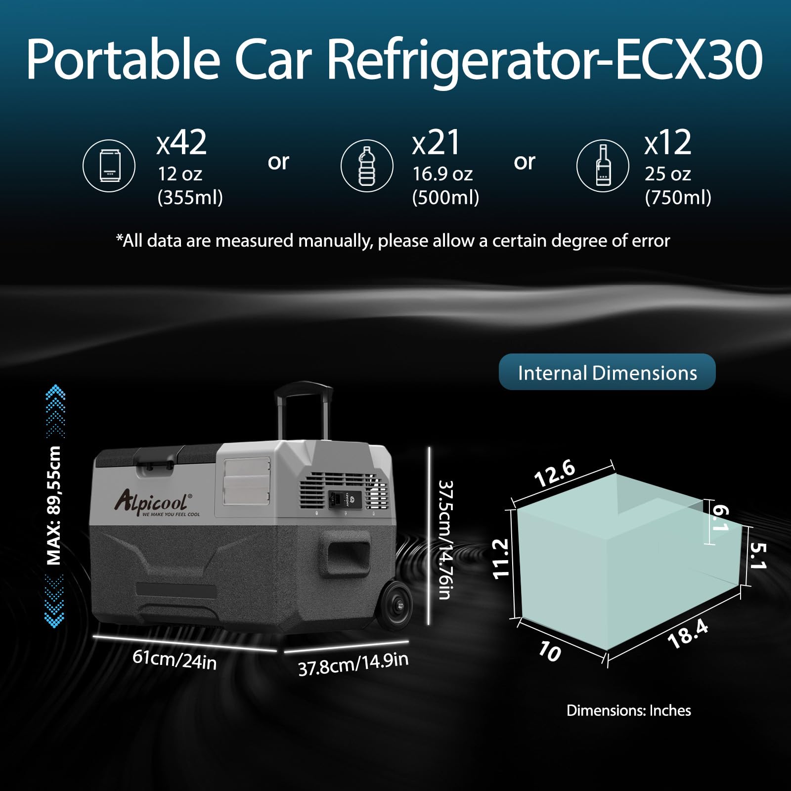 Alpicool CX30 30L Compressor Car Refrigerator, Portable Camping Fridge DC 12v Freezer for Truck, Campervan, RV, Boat, -20℃ to 20℃, with Telescopic Handle, USB Socket