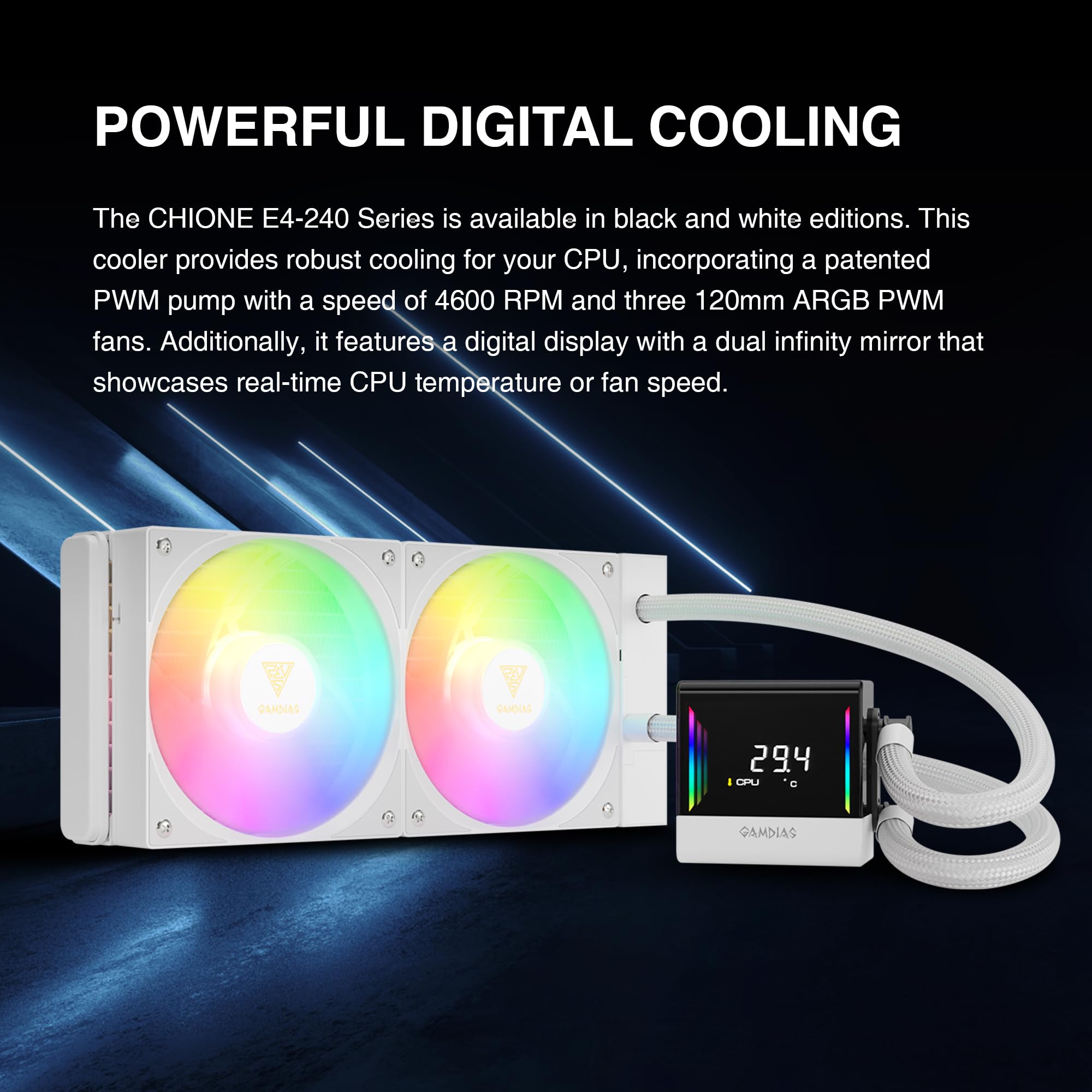 GAMDIAS CHIONE E4 240mm AIO Liquid CPU Cooler, Real-Time Digital Display Patented PWM Pump, 2 x 120mm Easy Cable Management Daisy Chained Fans w/ ARGB Sync, Intel LGA 1851/1700/1200；AMD AM5/AM4, Black