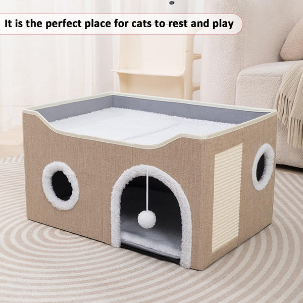ERNAN Cat Beds,Cat Bed for Indoor Cats, Foldable Cat House,Large Soft Cave Bed with Scratching Board for Small Medium Pets (kaki, M)