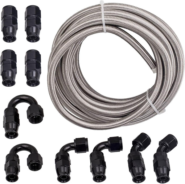 maXpeedingrods 6AN 20FT Stainless Steel PTFE E85 Silver Fuel Line Black Fitting Hose Kit AN6 12Feet - Black