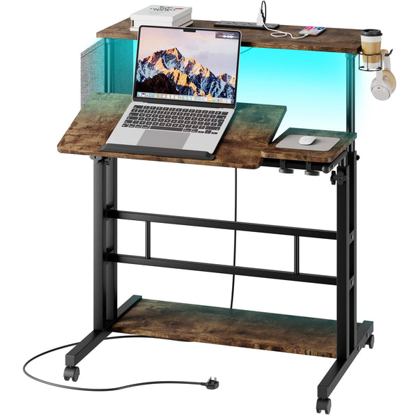 Dripex Mobile Standing Desk with Power Outlets & Strip Lights, Height Adjustable Desk With Cup Holder, Hook, Storage Bag, Rolling Sit-Stand Computer