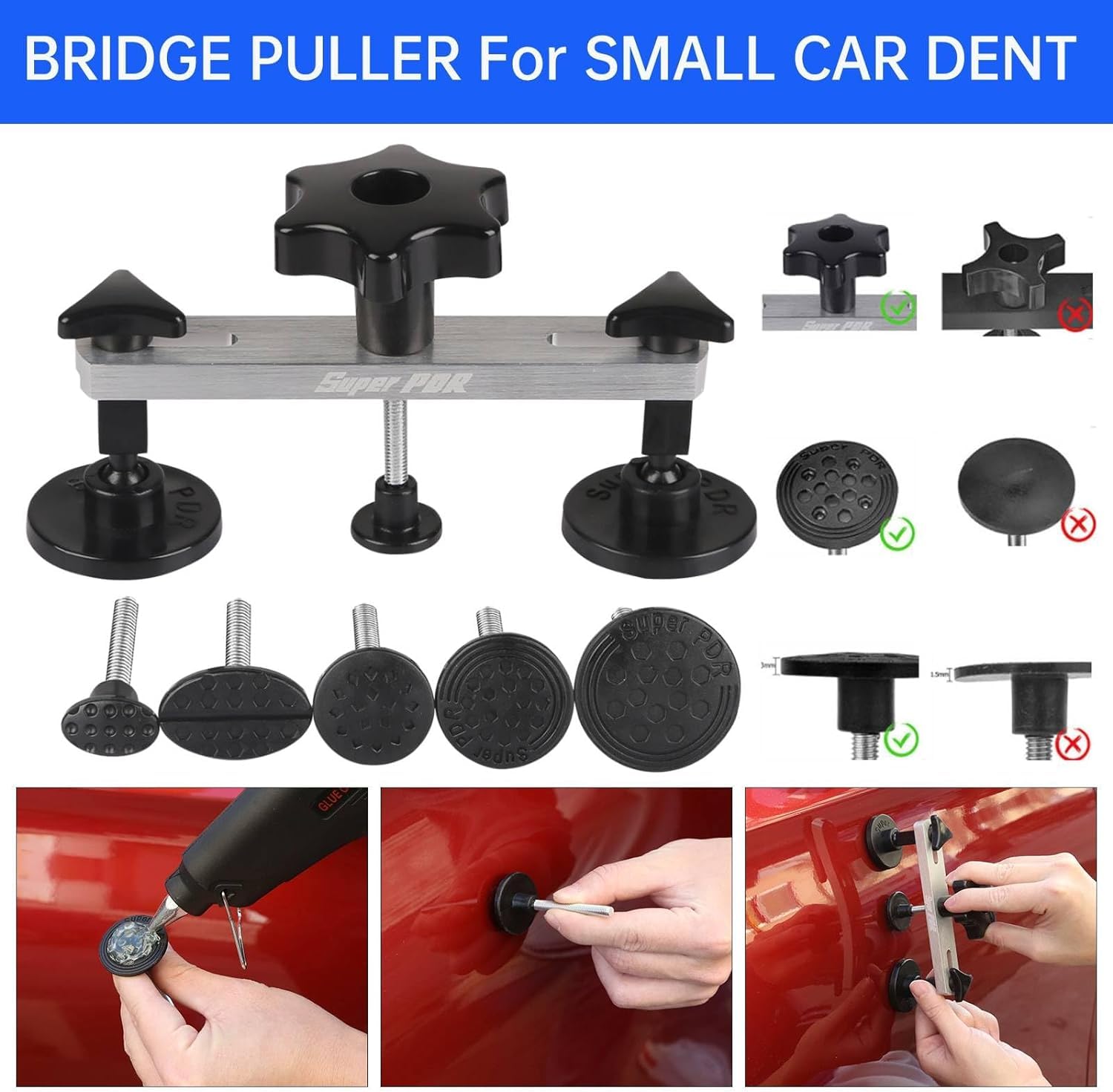 PDR TOOLS Auto Dent Removal Kit, Auto Body Dent Repair Kit with Blue Long Glue Tabs, T-Bar Slide Hammer and Dent Duller for Automotive Dents/Door Dings/Hail Damage Removal