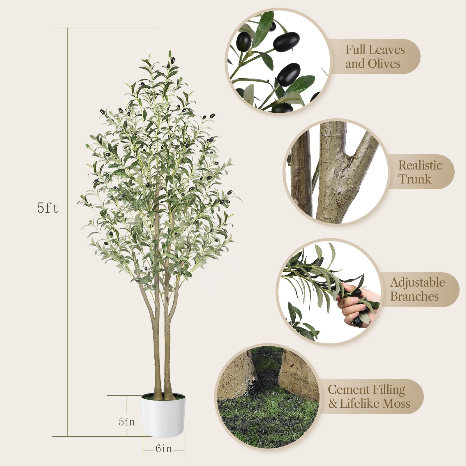 Alupssuc 5FT Olive Tree Artificial, Faux Olive Tree with White Pot, Fake Olive Tree Indoor Outdoor with Natural Wood Trunk & Lifelike Fruits, Perfect