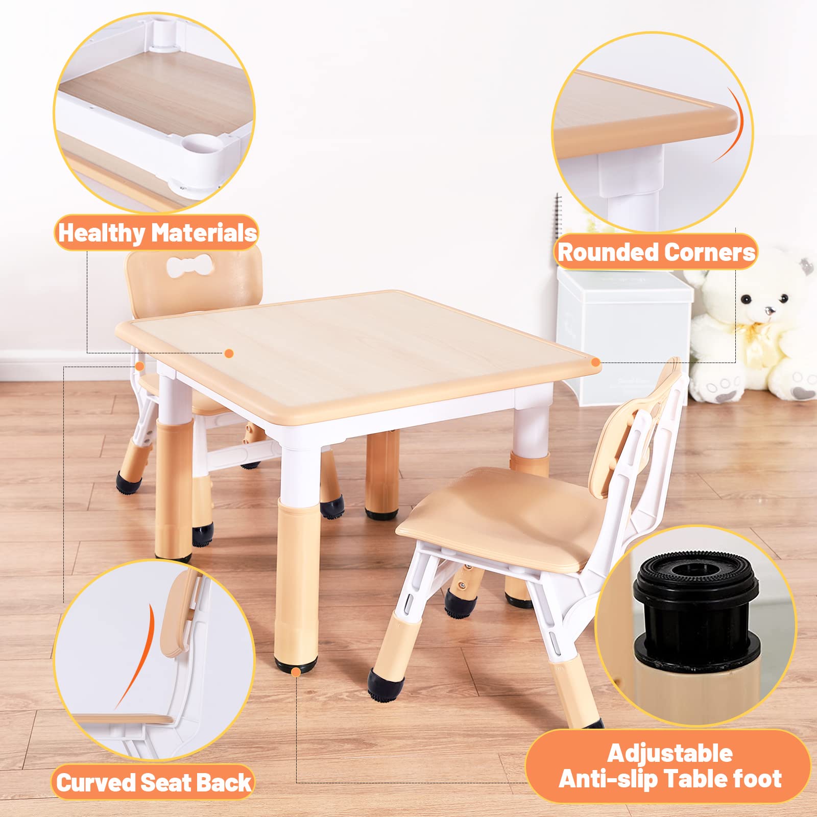 FUNLIO Kids Table and Chair Set, Height Adjustable Toddler Table and Chair Set for Ages 3-8, Easy to Wipe Arts & Crafts Table with 2 Chairs for