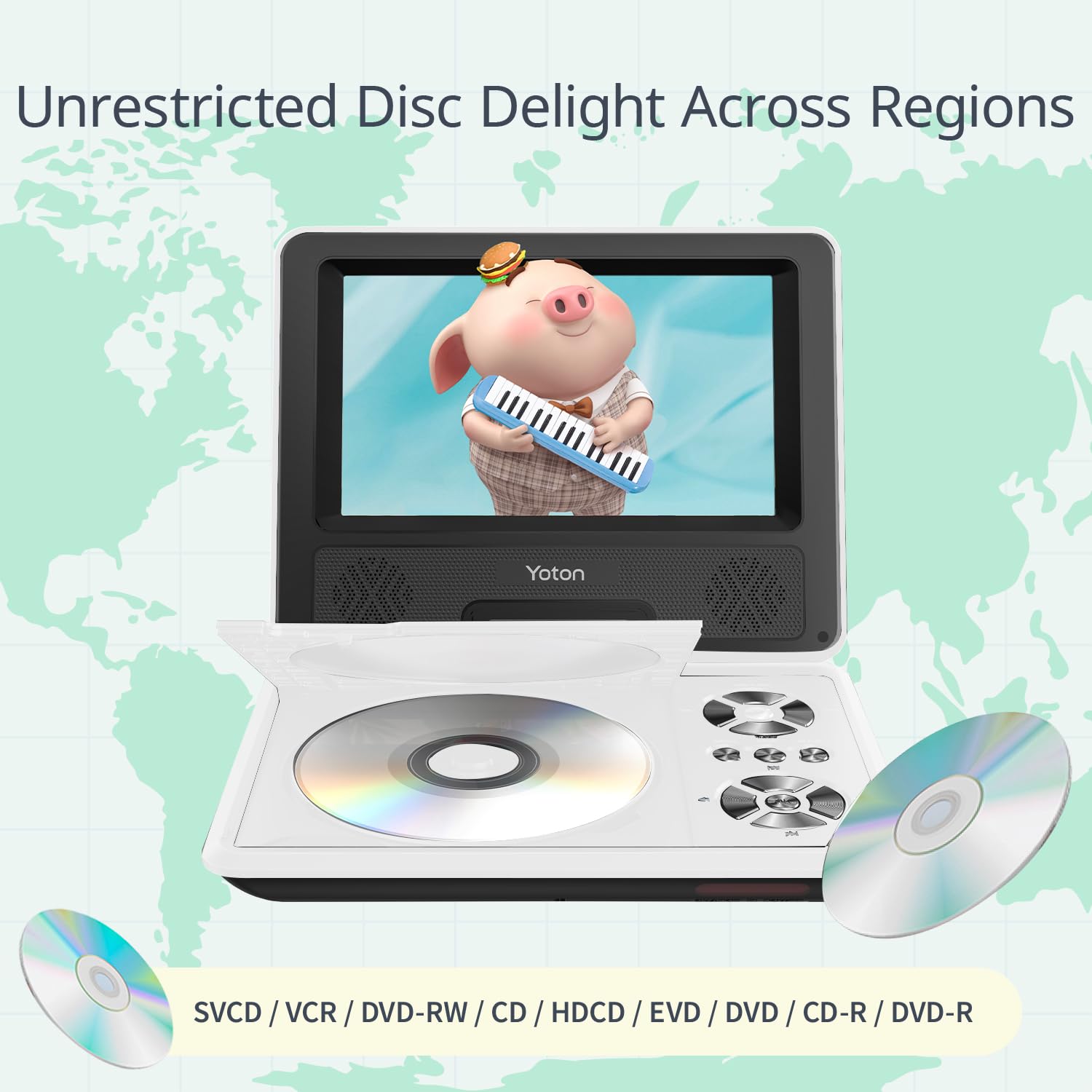 9.5" Portable DVD Player with 7.5" HD Swivel Screen for Car and Kids, 4-6 Hours Working time with Built-in Battery, Headphone/AV-IN/AV-OUT/USB/SD Card [Not Support Blu-ray]