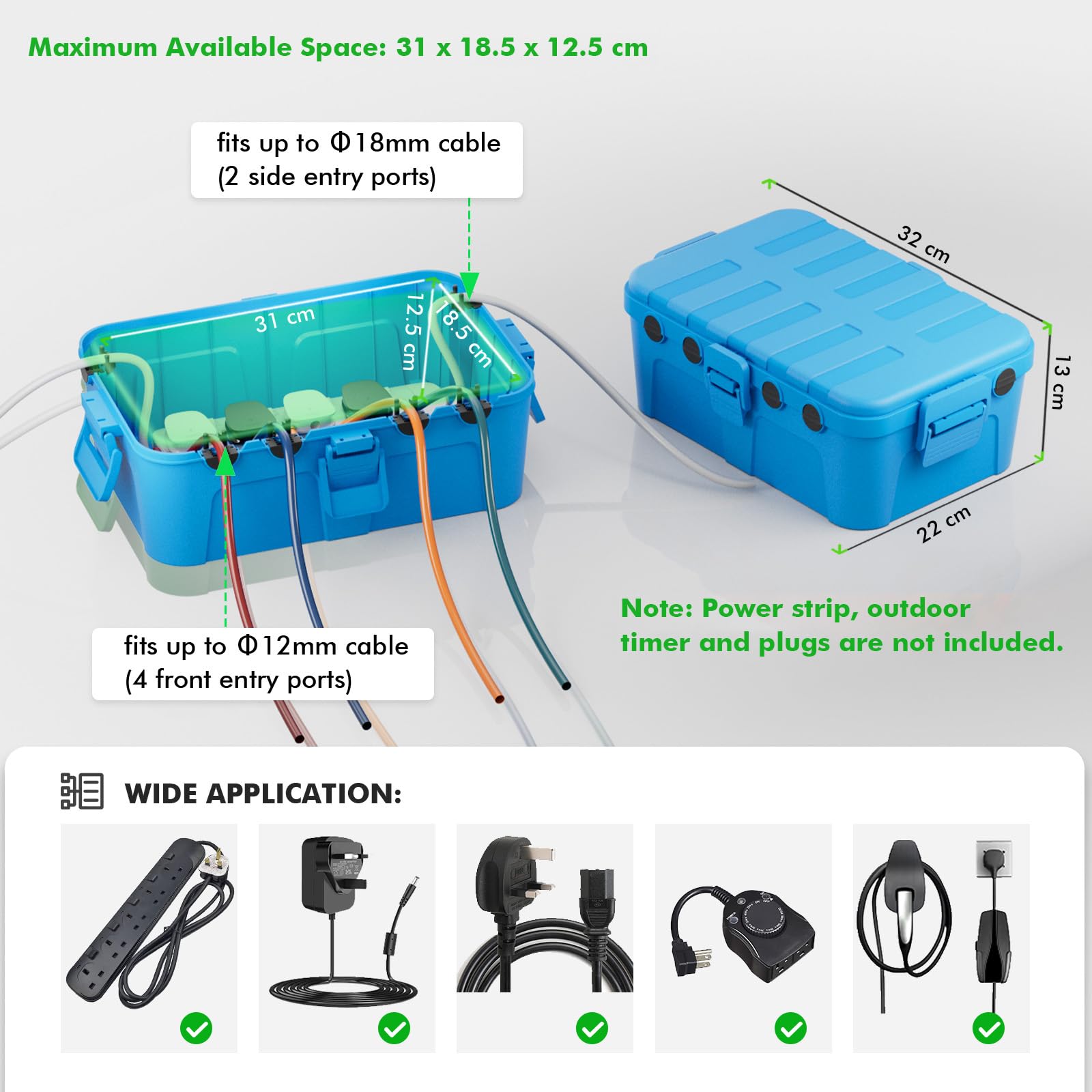 RESTMO Extra Large Waterproof Electrical Box, IP54 Weatherproof Outdoor Outlet Cover, Protect Outlet, Plug, Timer, Power Strip (Not Included), Holiday Light Decoration, 32 x 22 x 13 cm, Black