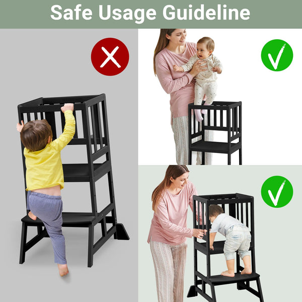 COSYLAND Height Adjustable Kids Kitchen Step Stool with Anti-tip Support Corners - Kids Standing Tower for Kitchen Counter, Bathroom, Nursery (Black)