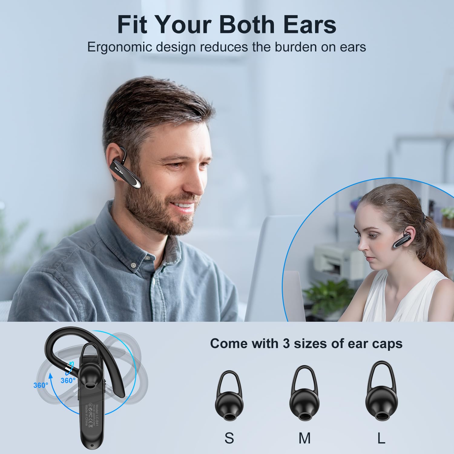 New bee Handsfree Bluetooth Earpiece, Wireless Bluetooth Headset with Microphone 60 Days Standby Headphones with Microphone for iPhone, Samsung, HTC, LG, Sony, PC (Black)