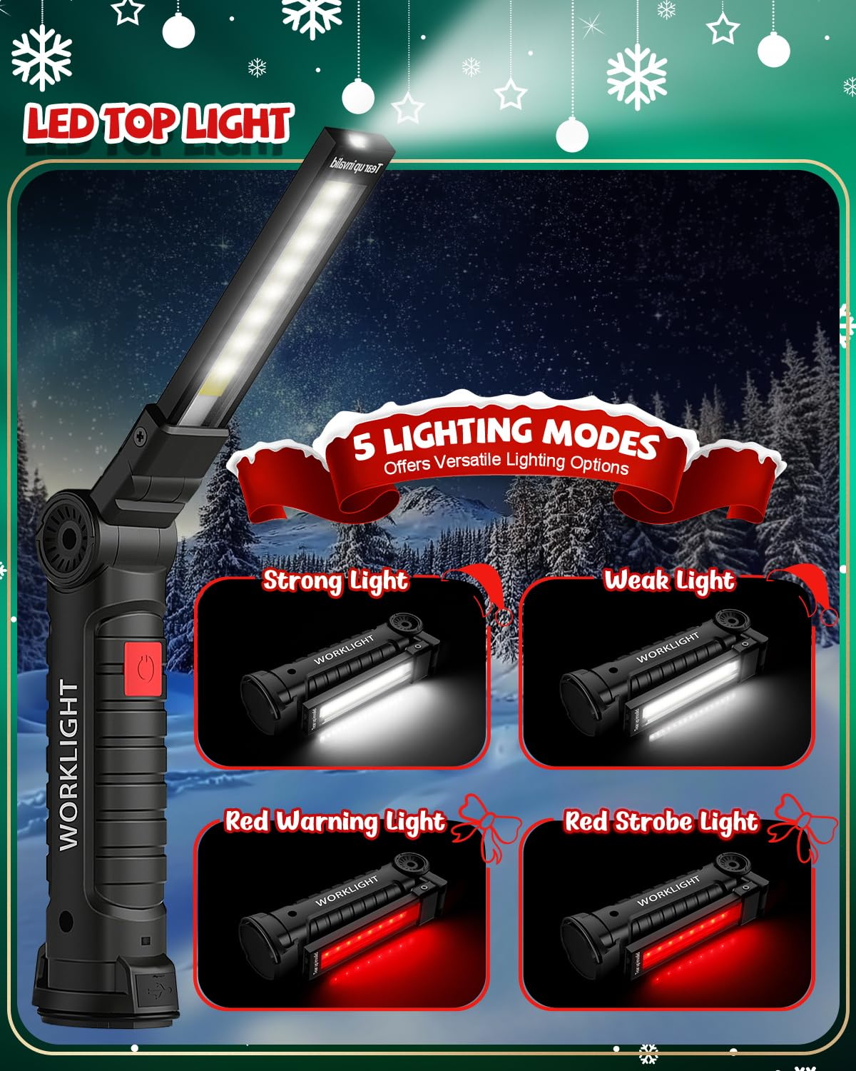 Coquimbo Work Light Christmas Stocking Fillers Gifts for Men Him, LED Torch Rechargeable Inspection Lamp Mechanic Emergency BBQ Light 360° Rotate with Magnetic Base and Hook (2 Pack, Black)