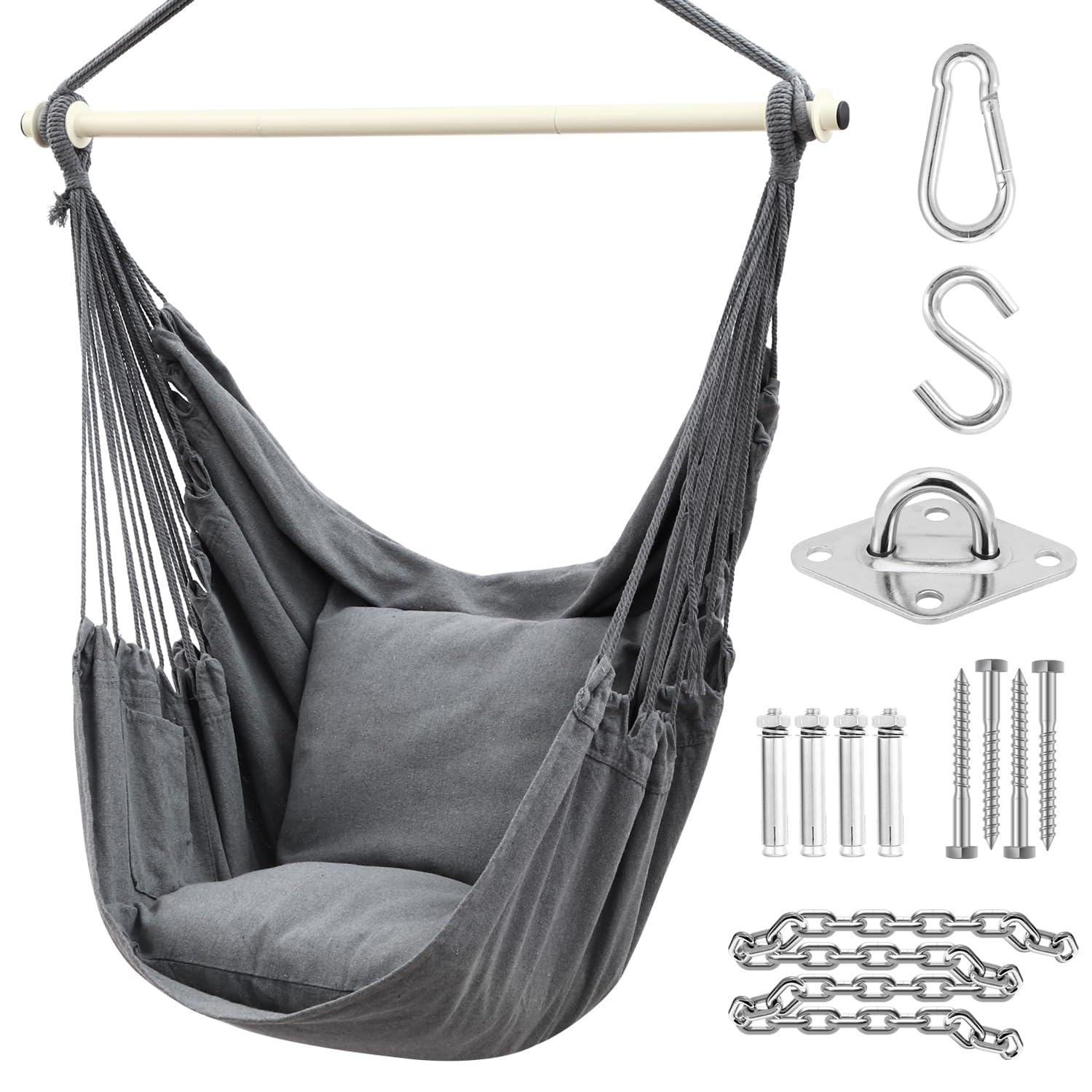 Hanging Chair Cotton Swing Chair with Hardwares, Ohuhu XL Portable Hammock Chair with 2 Cushions Installation Kit Detachable Metal Support Bar Side