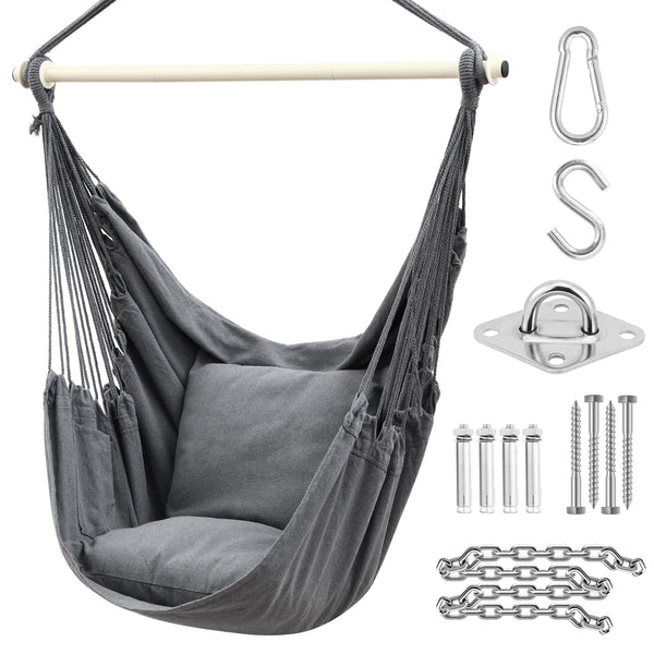 Hanging Chair Cotton Swing Chair with Hardwares, Ohuhu XL Portable Hammock Chair with 2 Cushions Installation Kit Detachable Metal Support Bar Side