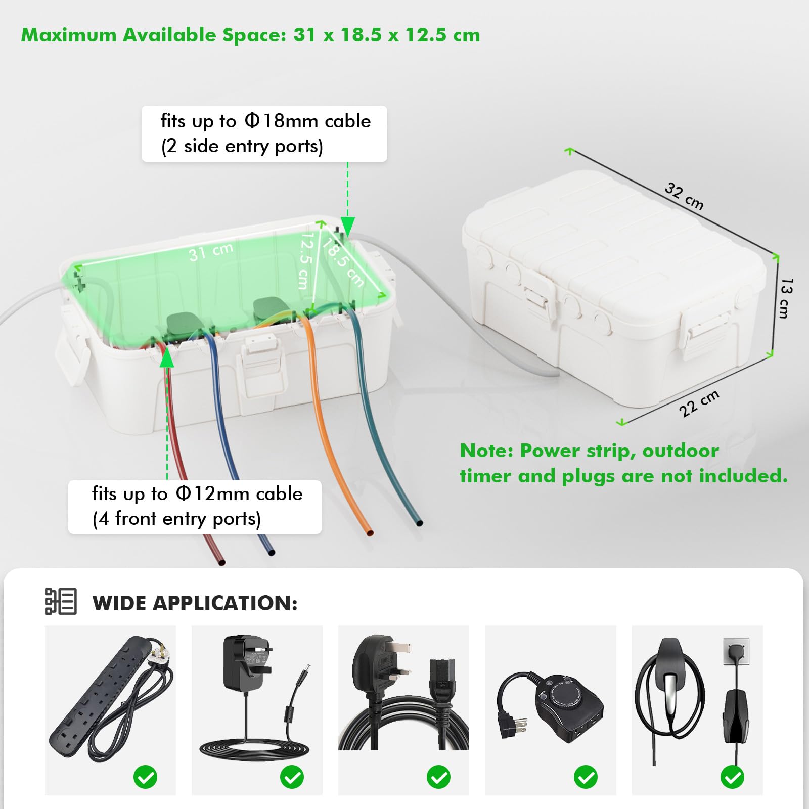 RESTMO Extra Large Waterproof Electrical Box, IP54 Weatherproof Outdoor Outlet Cover, Protect Outlet, Plug, Timer, Power Strip (Not Included), Holiday Light Decoration, 32 x 22 x 13 cm, Black