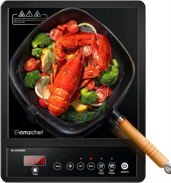 AMZCHEF Single Induction Hob, Portable Induction Hob, 10 Temperature Settings and Power levels from 300W to 2000W, Black Frosted Glass Panel,Sensitive