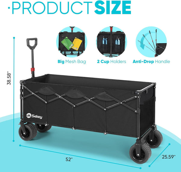 Sekey 400L Folding Beach Trolley, 440lbs Weight Capacity Heavy Duty Collapsible Festival Wagon Cart with Big All-Terrain Wide Wheels & Drink Holders, Foldable Outdoor Wagon for Garden Camping, Black
