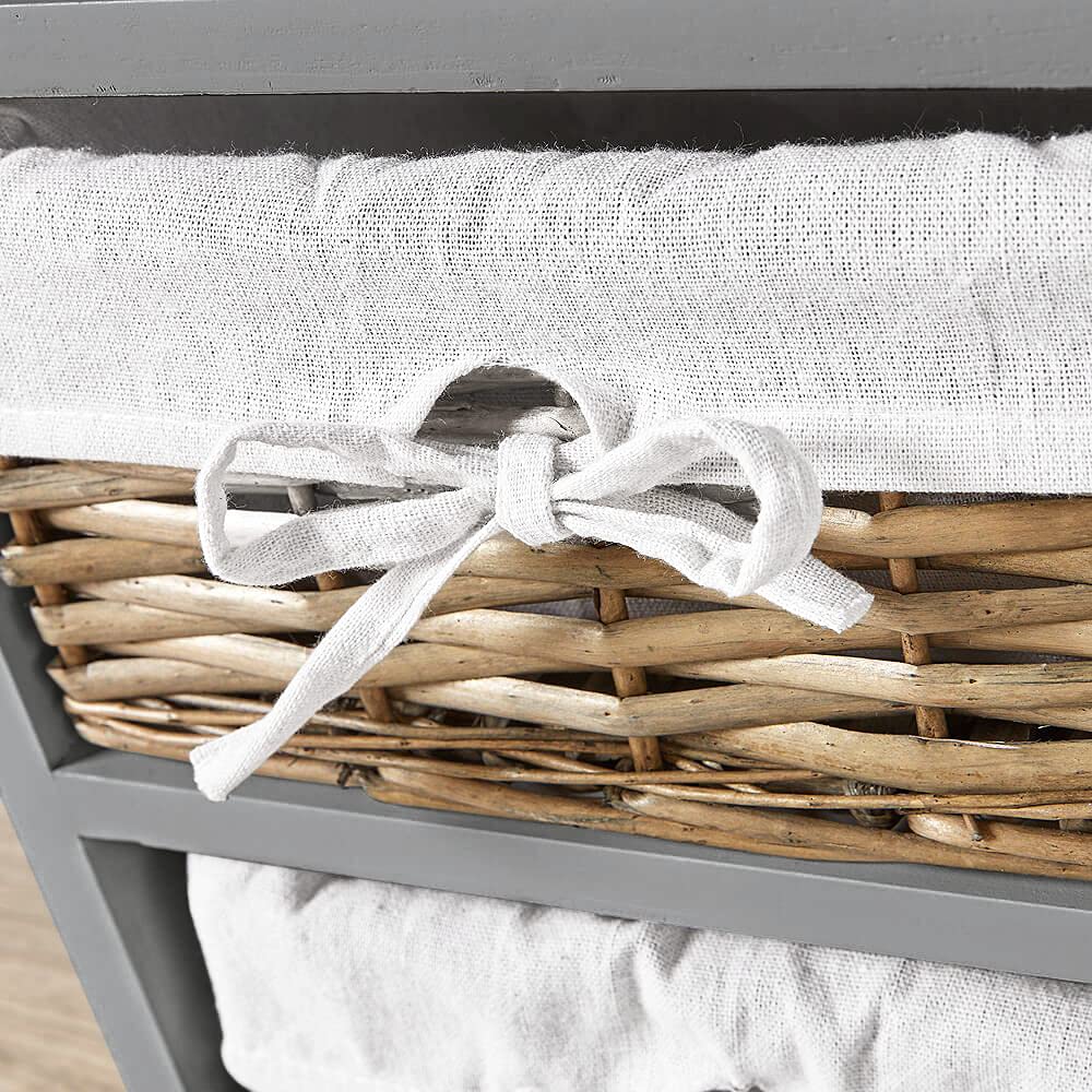 Home Source Bedroom Wooden Storage Unit, Woven Willow Wicker Baskets, 4 Drawer Cabinet Chest, Grey