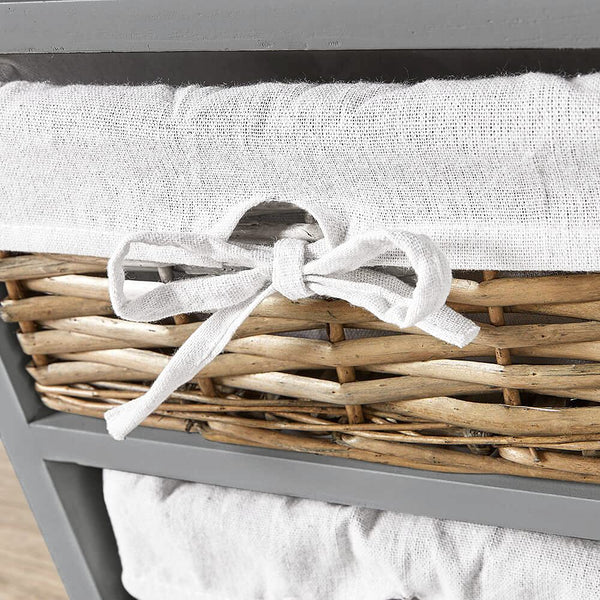 Home Source Bedroom Wooden Storage Unit, Woven Willow Wicker Baskets, 4 Drawer Cabinet Chest, Grey