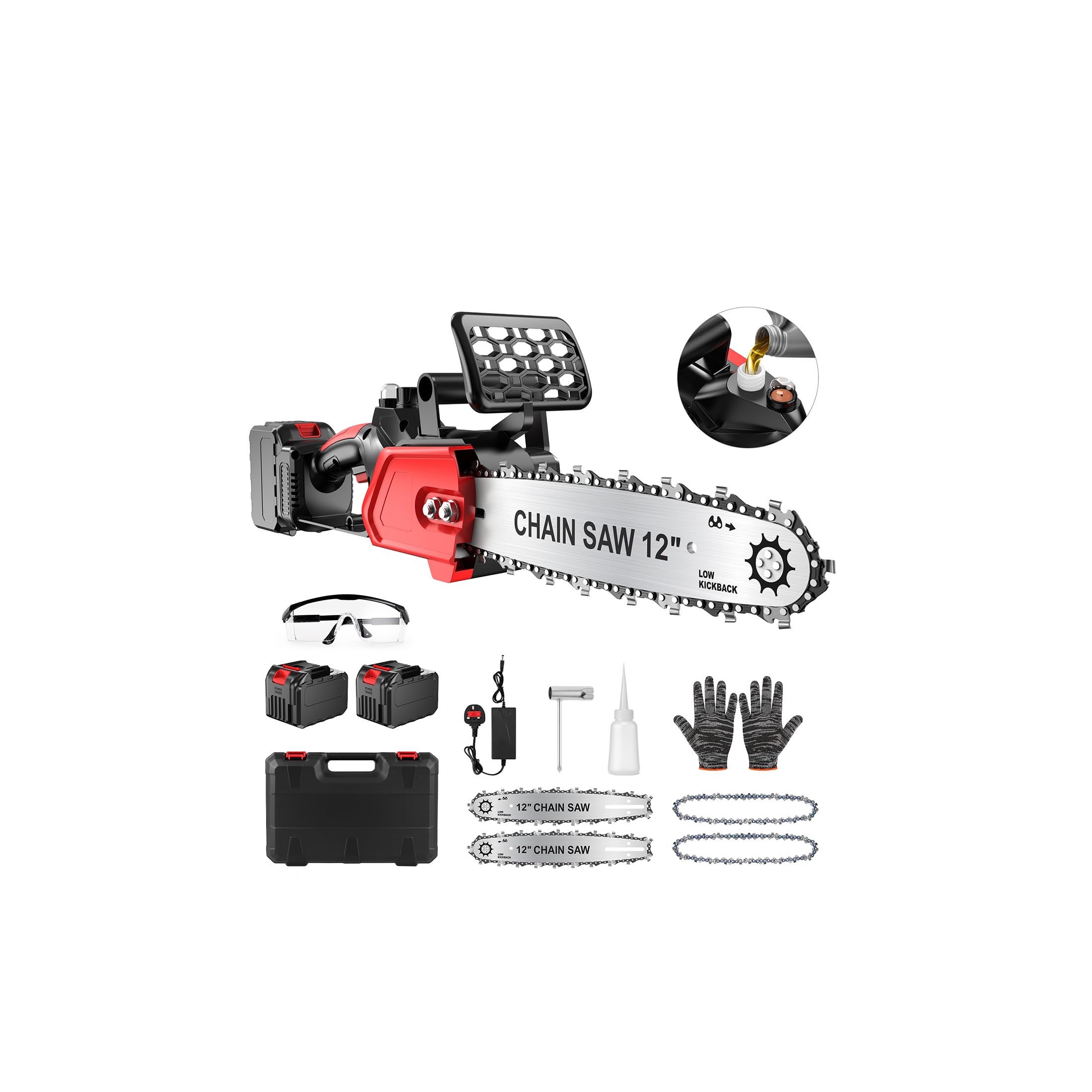 Electric Chainsaw, 12" Cordless Chain Saw 15m/s Chain Speed w 2 Rechargeable 5.0Ah Batteries, 2 Chains & Chain and Guide Bar Handheld Chainsaws for Cutting Wood, Garden Pruning Trees, Tree Trimming