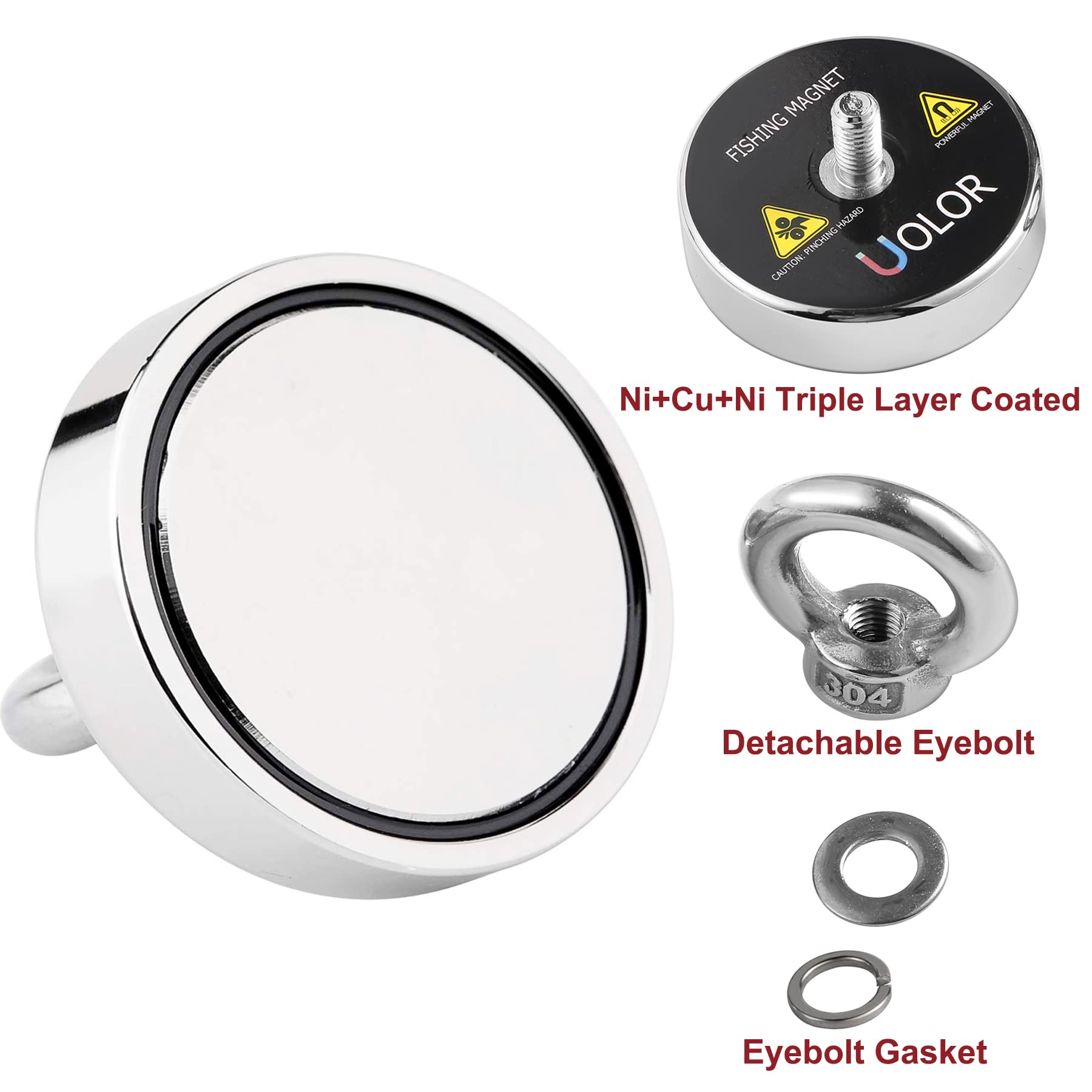 Uolor Magnet Fishing Kit with Rope 20M(66ft), N52 Super Power 160KG(353LB) Pulling Force Round Neodymium Eyebolt Fishing Magnet for Magnet Fishing and Salvage in River - Diameter 60MM