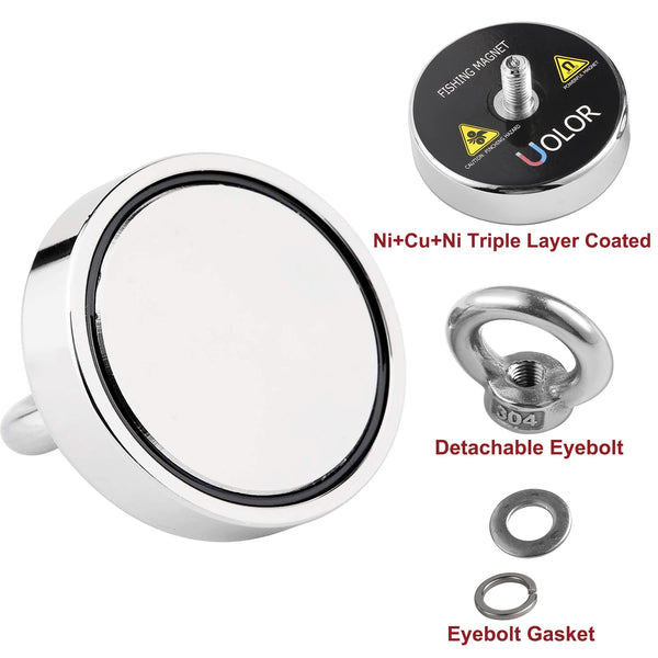 Uolor Magnet Fishing Kit with Rope 20M(66ft), N52 Super Power 160KG(353LB) Pulling Force Round Neodymium Eyebolt Fishing Magnet for Magnet Fishing and Salvage in River - Diameter 60MM