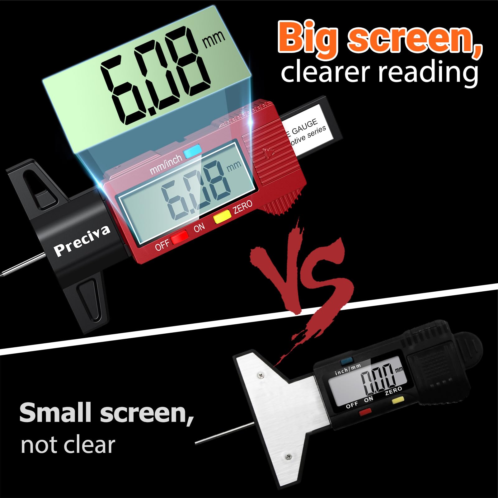 Tyre Tread Depth Gauge, Preciva Silver 0-25.4mm/Inch Digital Tire Checker UK, Tyres Depths Measuring Tool with Large LCD Screen for Cars, Trucks, Vans
