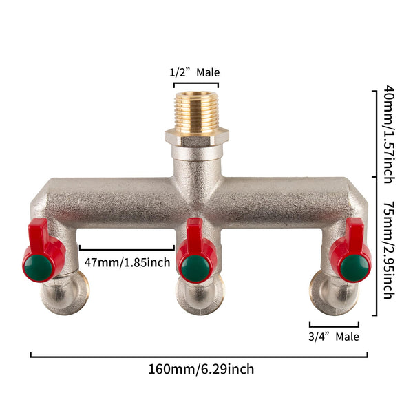 Tesmotor 1/2'' Inch Brass 3-Way Outdoor Water Tap, Garden Tap with Three 3/4" Outlet Tap and Individual On/Off, T Splitter Brass Hose Connector