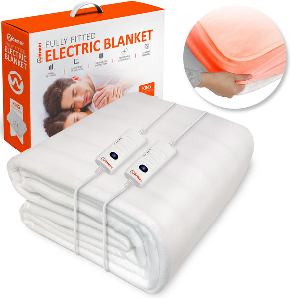 Wrmer Electric Blanket King Size - Dual Control, Fully Fitted Mattress Cover with Elasticated Skirt, 3 Heat Settings, 2 X Detachable Controllers -