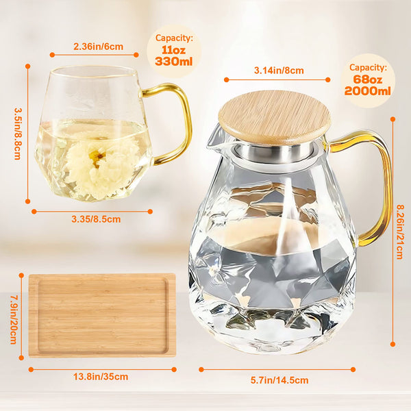 DUJUST Water Jug with 4 Cups, 1 Tray, Elegant Diamond Design Glass Jug with Handle, Decoration for Room, High Durability Pitcher Carafe for Ice Tea