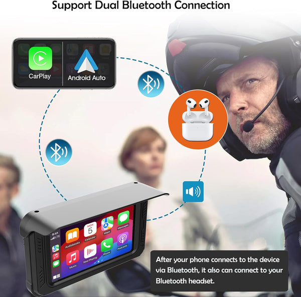 Waterproof Motorcycle Dash Cam with Wireless CarPlay & Android Auto, 5'' IPS Touch Screen, Front and Rear Camera HD 1080P, TPMS, Bluetooth, Wi-Fi, GPS, Max up to 256GB