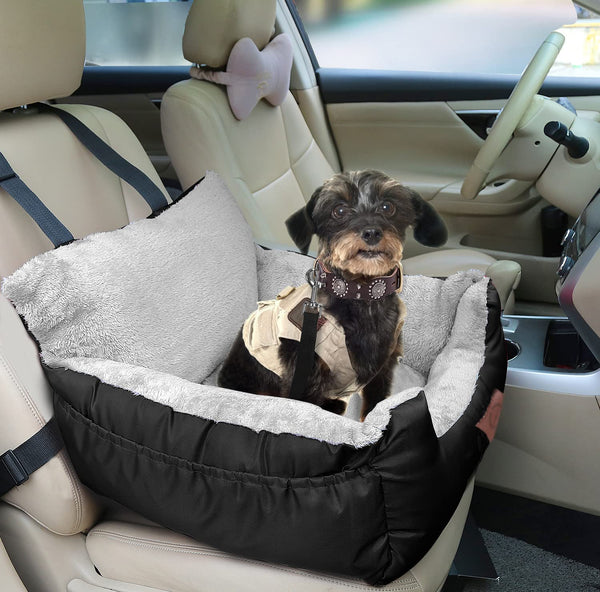 GoFirst Dog Car Seat for Small Dogs or Cats, Pet Booster Seat Travel Car Bed with Storage Pocket and Clip-On Safety Leash, Waterproof Warm Plush Dog Car Safety Seats,Black