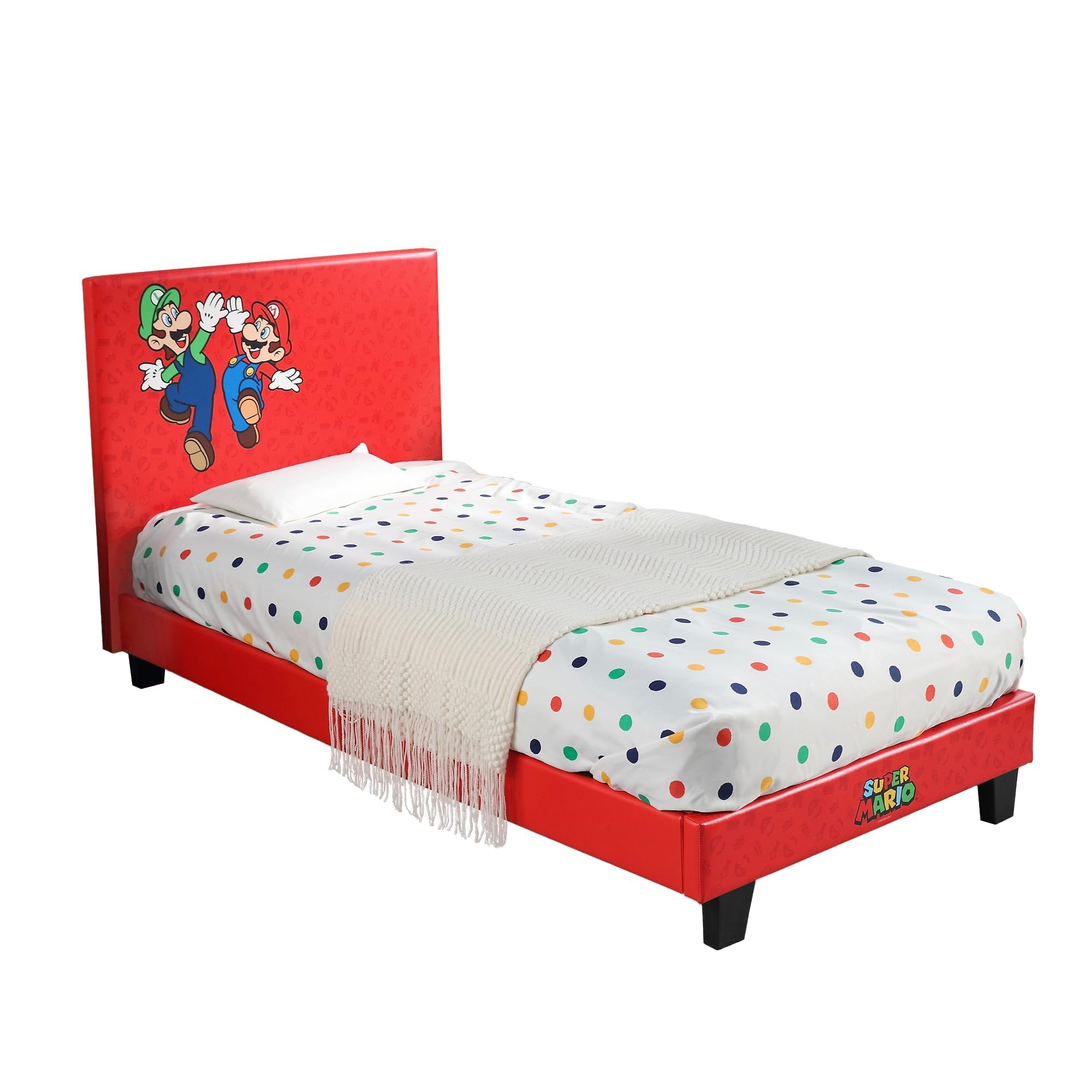 X-Rocker Official Nintendo Super Mario Gaming Bed for Kids, 3ft Single Bedstead Frame, Wooden Slats, PU Faux Leather Upholstered Headboard, Mario & Luigi, Kids Bedroom for Gamers 90x190cm - RED