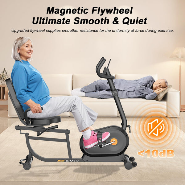 Jupgod Recumbent Exercise Bike, Recumbent Stationary Bike, 150KG Weight Capacity & 8-level Resistance, Magnetic Recumbent Bike with LCD Monitor, Heart Rate Handle