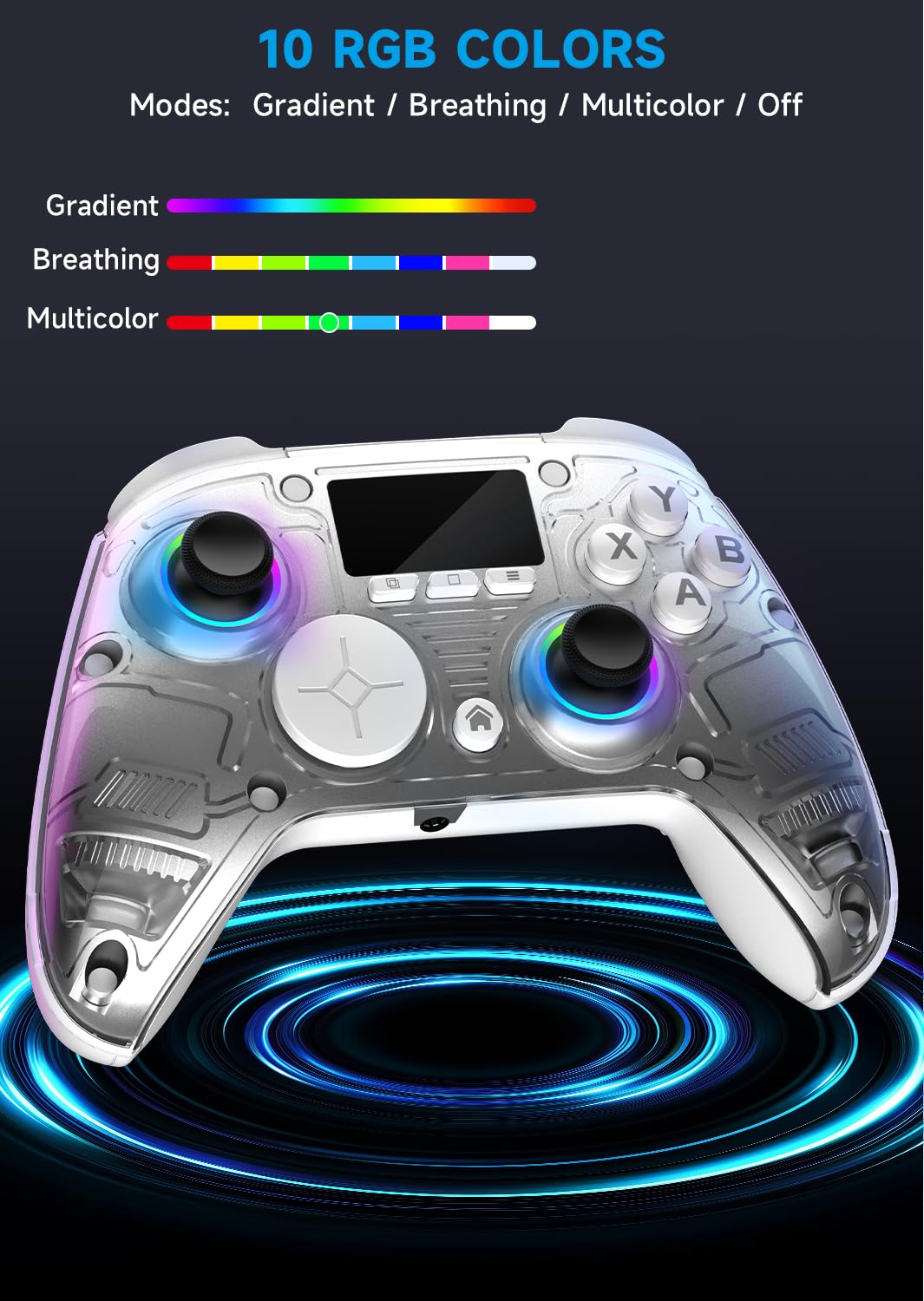AOC Wireless Gaming Controller for PC/Switch/iOS/Android/PS4, Interactive Screen, Hall Effect Stick & Dual-Mode Trigger, RGB Lighting, Customizable Buttons, Bluetooth/2.4G/Wired (White)