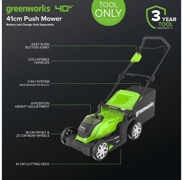 Greenworks 40V Cordless Lawnmower for Lawns up to 500m², 41cm Cutting Width, 50L Bag, Two of 40V 2Ah Batteries & One Charger, 3 Year Guarantee-G40LM41K2X, Green, Black, Grey