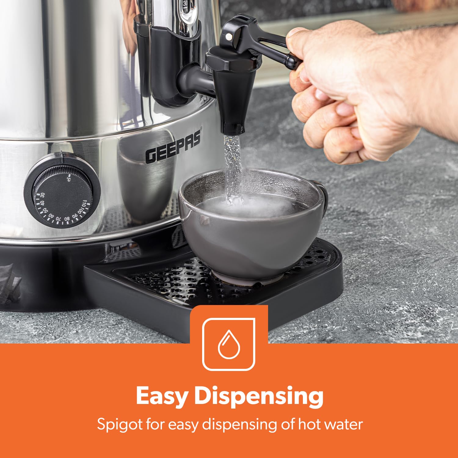 Geepas Electric Catering Urn, 1650W Instant Hot Water Boiler Dispenser - Tea Urn Kettle Home Brewing Commercial Office Use with Keep Warm - Easy Pour Tap, 15 Litre, Stainless Steel – 2 Year Warranty