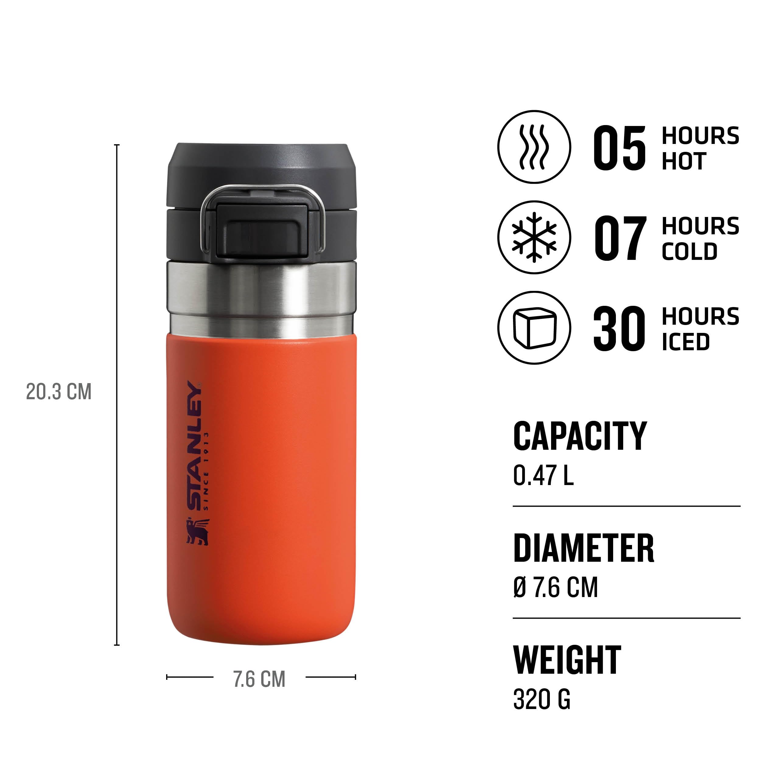 STANLEY Quick Flip Stainless Steel Water Bottle 0.47L - Keeps Cold For 7 Hours - Leakproof - BPA-Free Thermal Flask - Dishwasher Safe - Cup Holder Compatible