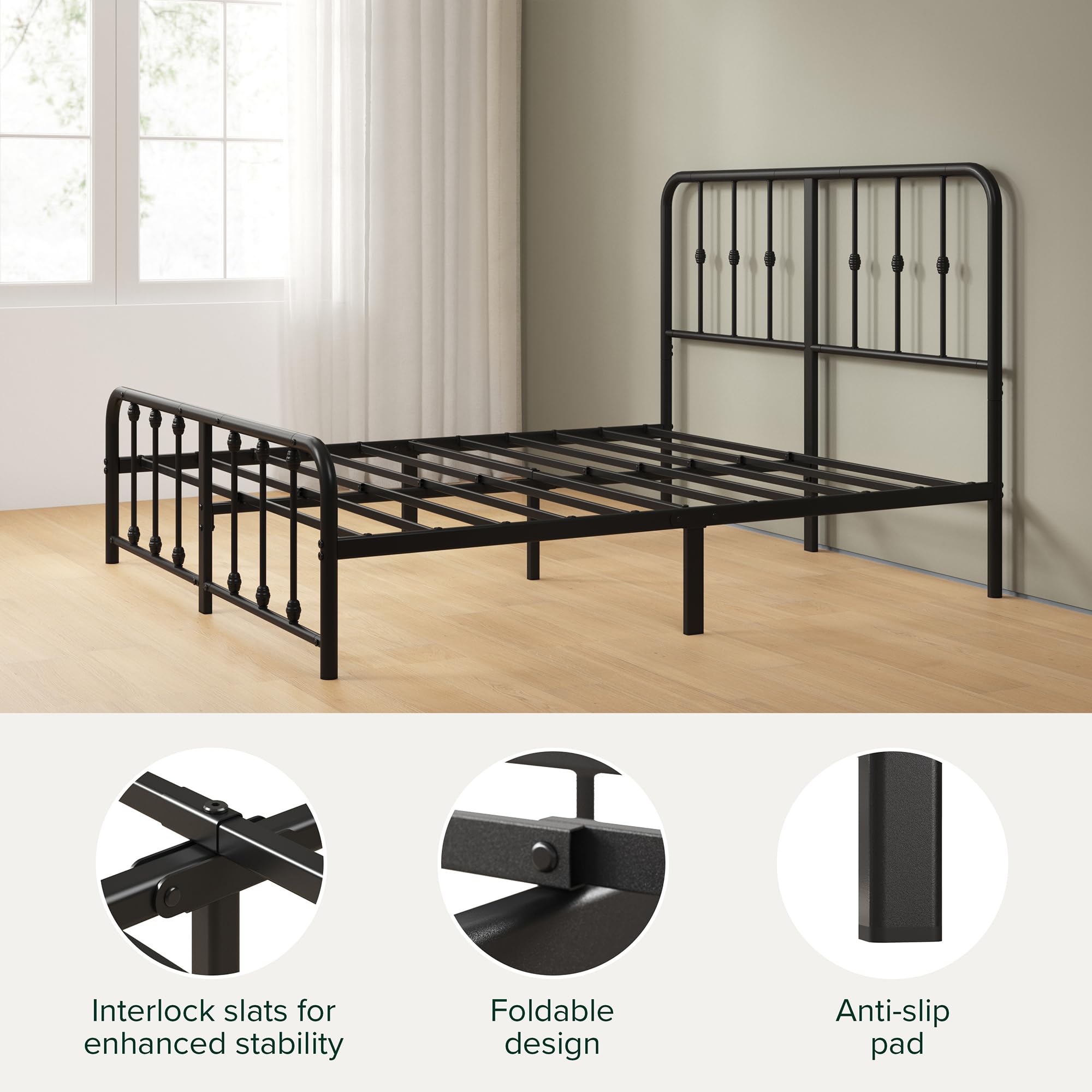 ZINUS Florence 3ft Single Bed Frame 90x190cm, Metal Platform Bed with Headboard and Footboard, Strong Steel Slat Support, Large Storage Space, Easy Assembly, Black