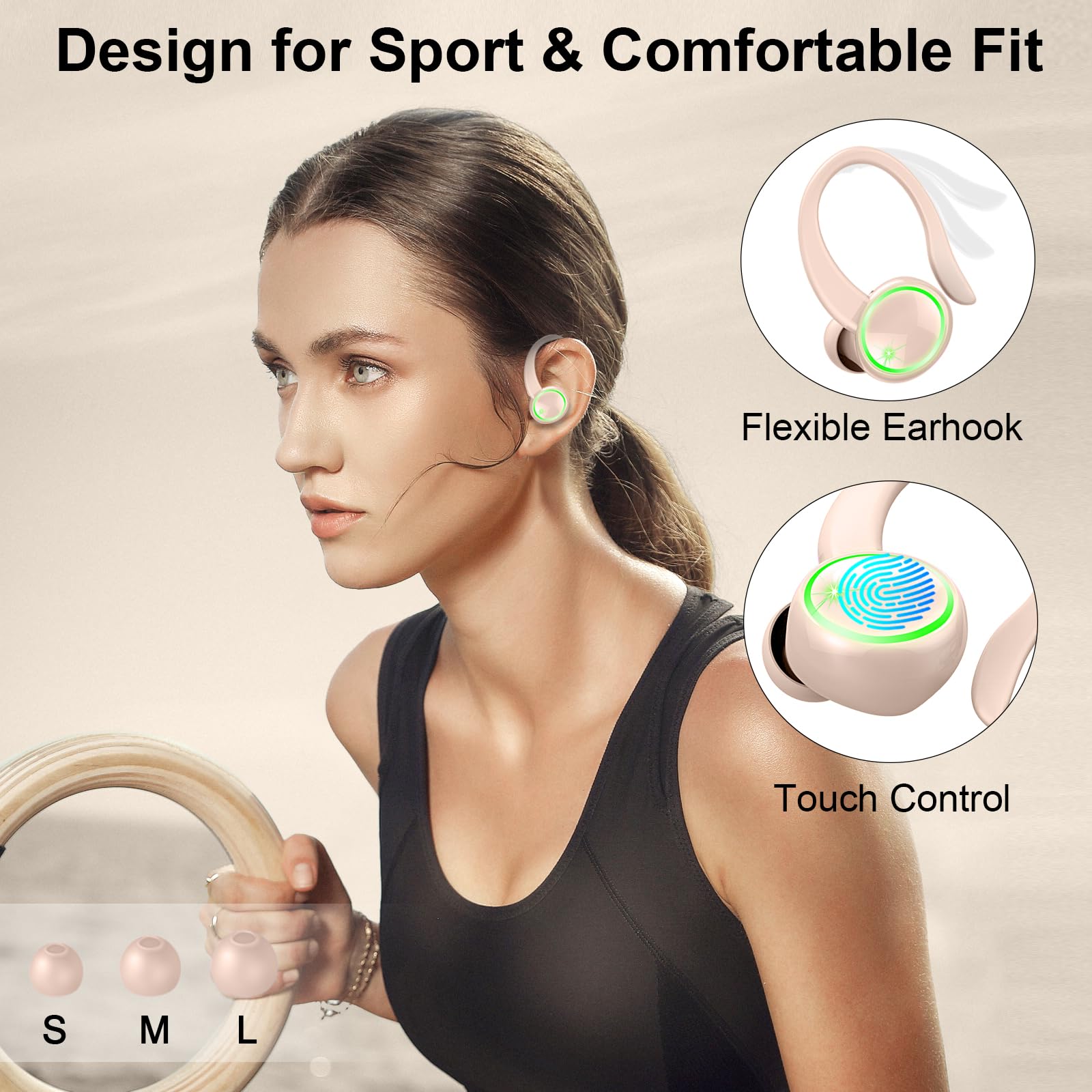 Wireless Earbuds, Bluetooth 5.4 Headphones, 50H+ Playtime Stereo Noise Canceling Headphones with 4 ENC Mic, Sport Ear buds with Earhooks, IPX7 Waterproof Wireless Earphones for Sport/Running/Gym