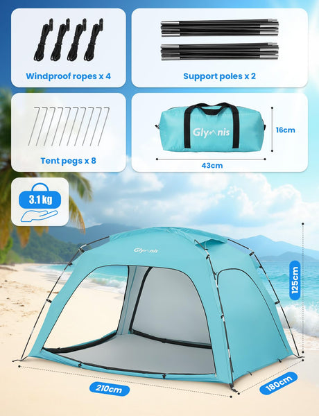 Glymnis Beach Tent Large for 3-4 Person, Portable UV Protection Beach Sun Shelter for Adults, Lightweight Sun Shade Tent for Beach, Picnic, Fishing