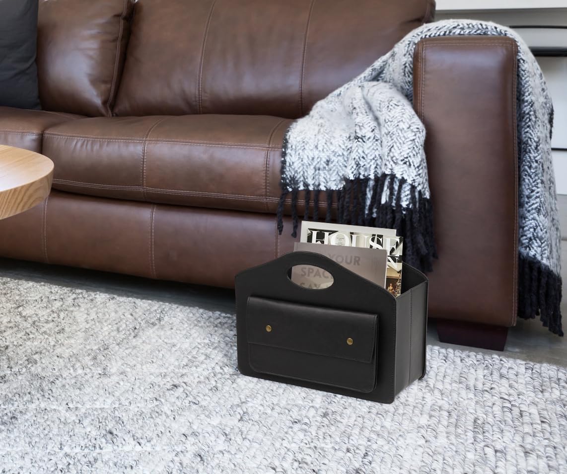 HofferRuffer Leather Magazine Holder Newspaper Rack with Handle Foldable Storage Basket with Little Front Bag Multipurpose Organizer Black 13.8*11*6