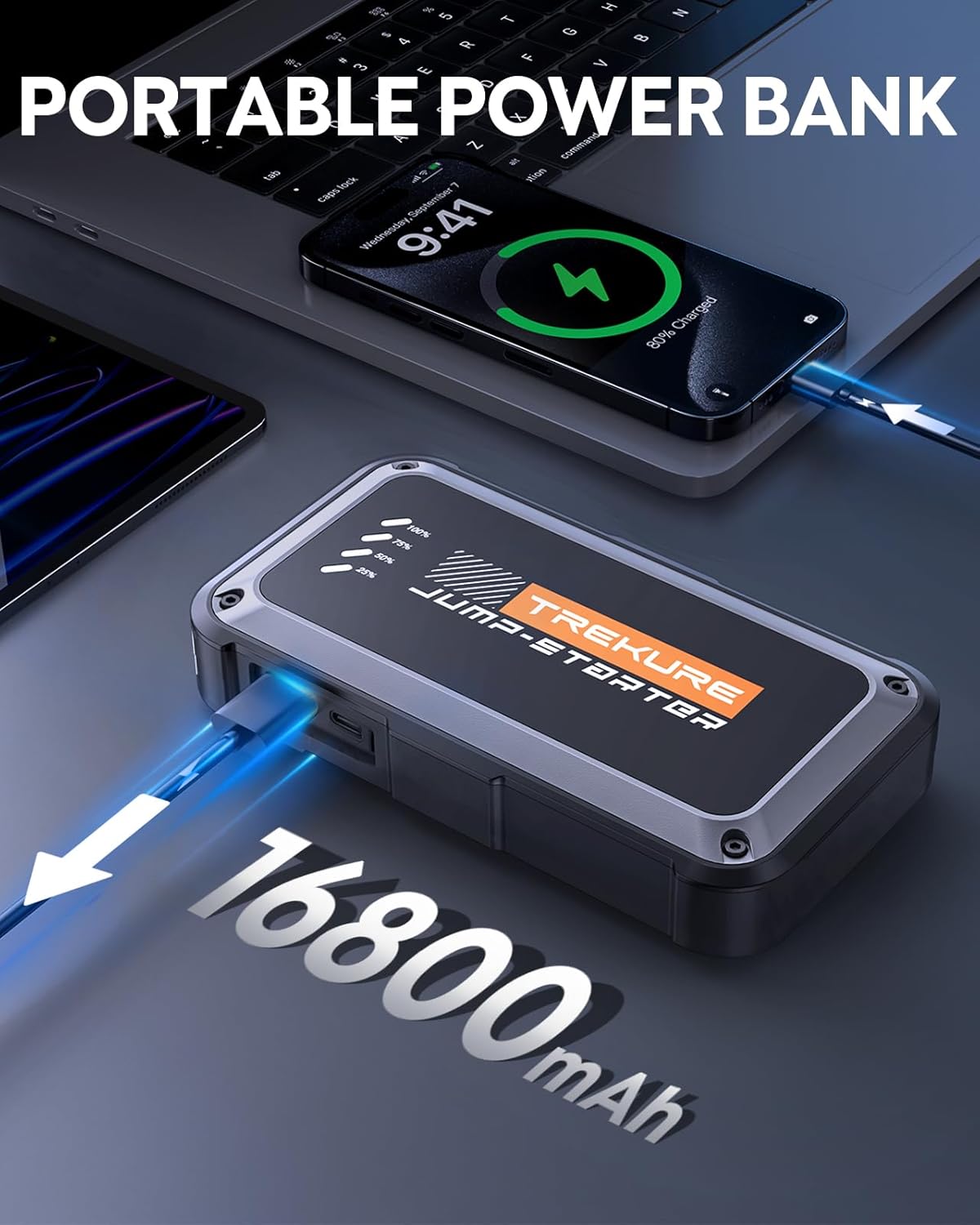 TREKURE 4000A Jump Starter Power Pack, 12V Car Battery Booster Jump Starter (up to 9.0L Gas or 8.5L Diesel Engine), Car Starter Power Bank with LED Flashlight, Jump Pack with Jump Leads