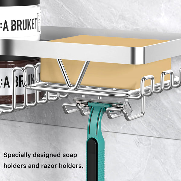 Kegii Telescopic Shower Caddy Corner - Stainless Steel Shower Shelf No Drilling Bathroom Caddy with Soap Holder and Hooks(White), On The Bath or Stand Up Shower