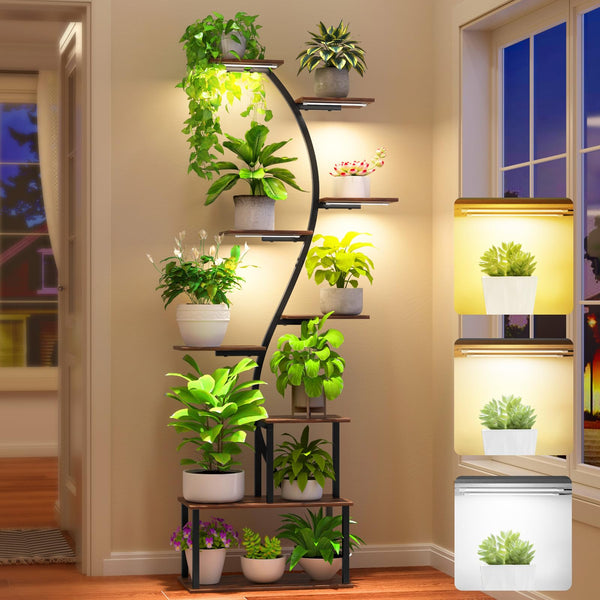 Zekoled 9-Tier Plant Stand with Grow Lights & Auto Timer, 167cm Tall S-Shaped Indoor/Outdoor Plant Shelf, Metal Plant Flower Holder, StandSpace-Saving Corner Shelf for Home, Balcony, Patio