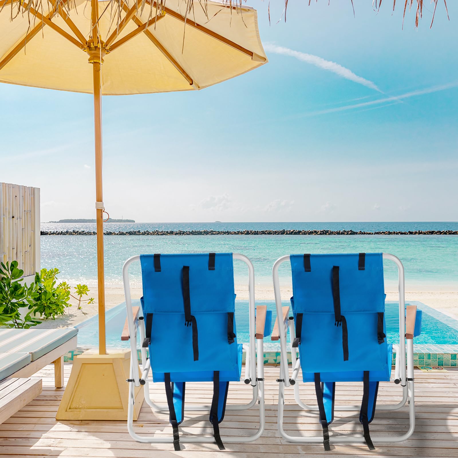 Outopee Set of 2 Folding Beach Chair, Portable Camping Backpack Beach Chair with 4 Level Positions, Adjustable Headrest, Cup Holder for Fishing Poolside Picnic, 120kg Capacity, Blue