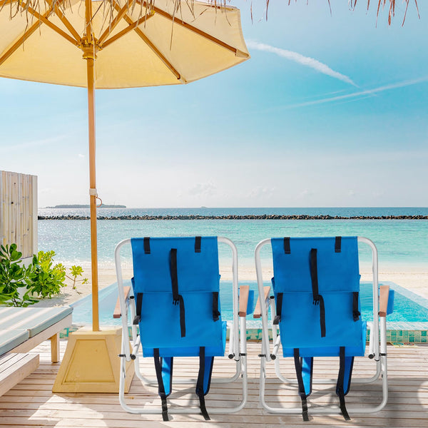 Outopee Set of 2 Folding Beach Chair, Portable Camping Backpack Beach Chair with 4 Level Positions, Adjustable Headrest, Cup Holder for Fishing Poolside Picnic, 120kg Capacity, Blue