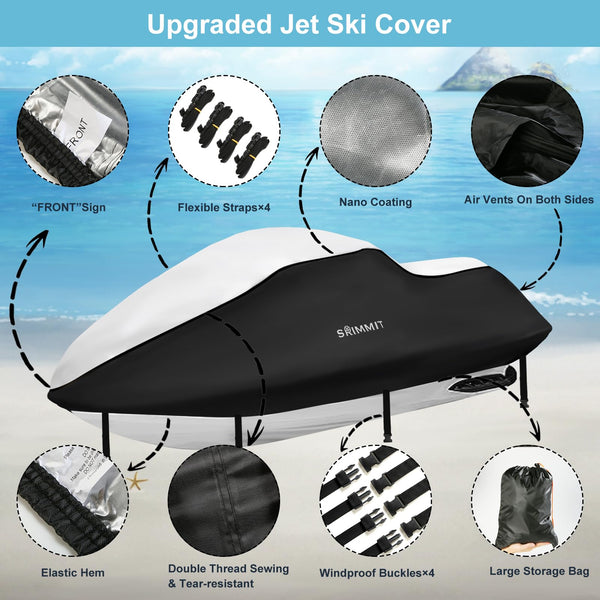 JetSki Waterproof Cover, Upgraded Heavy Duty 420D 3 Seater Jet Ski Cover with 2 Air Vent Marine Grade UV Resistant for Seadoo,Kawasaki,Waverunner
