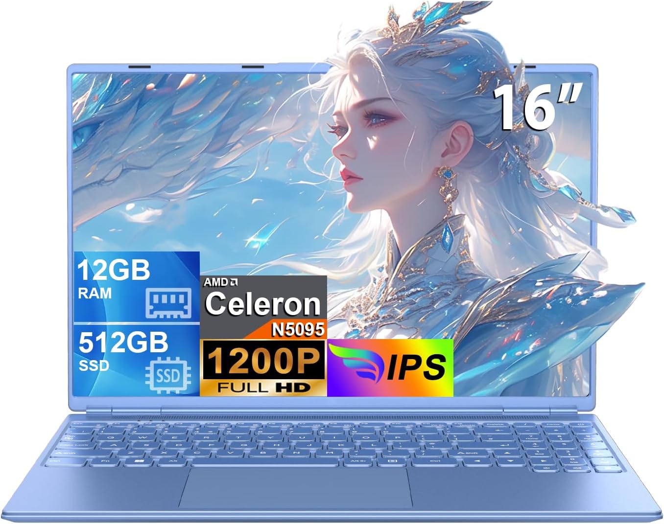 HUQPPQ 16 Inch Blue Laptop Celeron N5095 (Up to 2.9GHz) 12GB RAM 512GB SSD | 1TB Expandable | FHD 1920x1200, USB3.0, WiFi5 | WIN 11 Laptops for Students, School & Office - N600