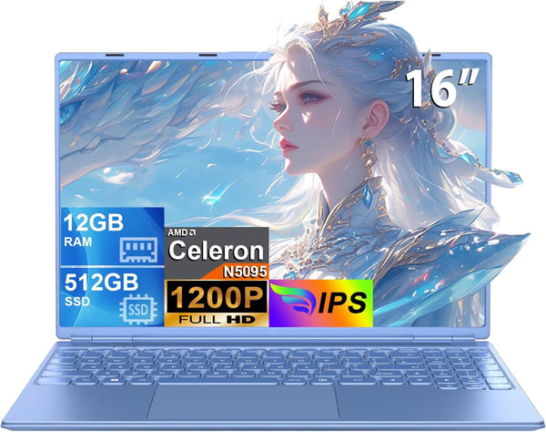 HUQPPQ 16 Inch Blue Laptop Celeron N5095 (Up to 2.9GHz) 12GB RAM 512GB SSD | 1TB Expandable | FHD 1920x1200, USB3.0, WiFi5 | WIN 11 Laptops for Students, School & Office - N600