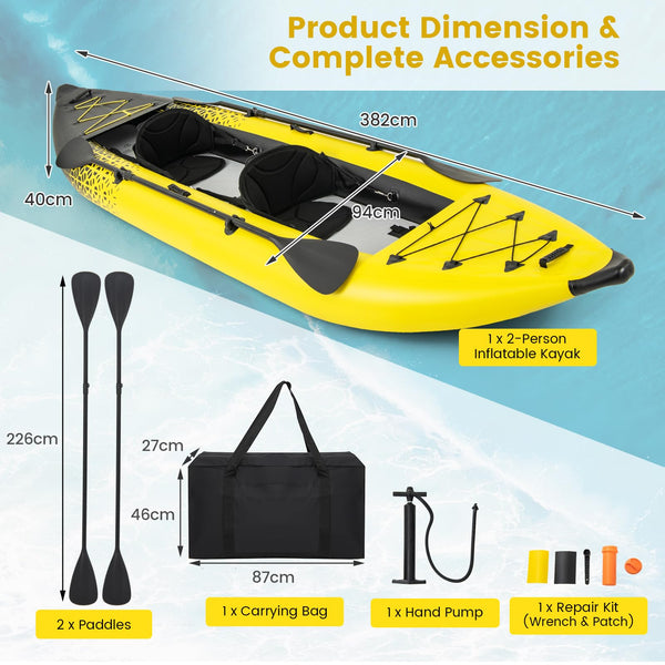 GYMAX Inflatable Kayak Set, 2-Person Inflatable Boat with Aluminum Oars, EVA Padded Seat, Fins, Hand Pump, Repair Kit and Carry Bag, Blow Up Canoe for Lakes, Rivers & Sea Shores