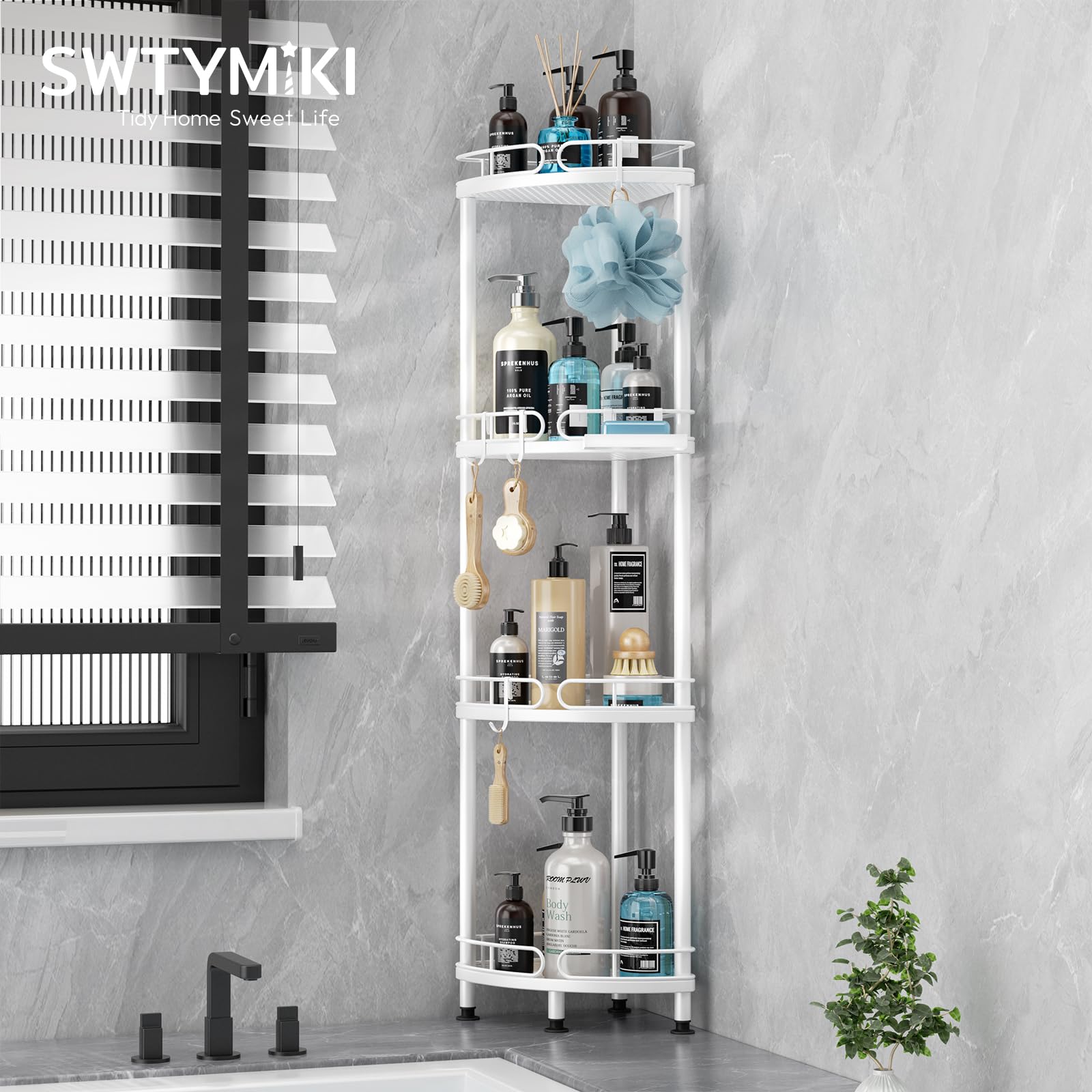 SWTYMIKI Corner Shower Caddy Standing - 4 Tier Stainless Steel Shower Organizer Stand with 4 Hooks & Soap Holder, Rustproof Metal Standing Tall Floor
